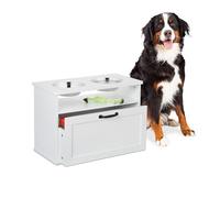 Relaxdays Dog Feeding Station with 2 Bowls, Storage Drawer, Raised MDF Dog Bar, 42x60x30 cm, White