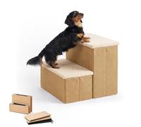 Relaxdays dog steps, 2-step, storage, HxWxD: 32 x 40 x 35 cm, foldable, fabric cover, bed & sofa ramp, beige