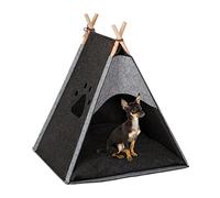 Relaxdays Dog Tent, Large Teepee Retreat for Cats, Felt & Wood, Cushion, 70.5x59.5x59cm, Dark Grey, 1 Piece