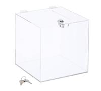 Relaxdays Donation Box, Acrylic, Lockable, 2 Keys, hinged lid, HxWxD: 20 x 20 x 20 cm, Clear