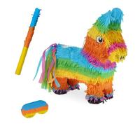 Relaxdays Donkey Party Pinata with Stick & Mask, Fillable, 38x35x12 cm, Colorful for Kids' Birthdays