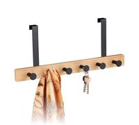 Relaxdays Door Hanger, 4 Hooks, Hanging Coat Rack for 2 cm Thickness, Bamboo & Metal, Clothes Storage, Brown/Black, Steel, 17 x 40 x 7 cm