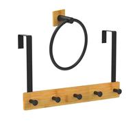 Relaxdays Door Hook Rail & Towel Ring, Metal & Bamboo, No-Drill Towel Holder, Black/Natural