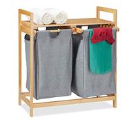Relaxdays Double Basket, with Shelf, 2 Sections, 2X 30 L Laundry Bags, Bamboo, HWD 73 x 64 x 33 cm, Natural/Grey