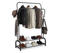 Relaxdays double coat rack, HxWxD: 146 x 110 x 33 cm, 2 shelves & 2 rails, 8 hooks, black