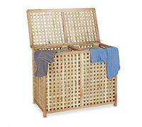 Relaxdays Double Laundry Hamper Laundry Basket 2 Part Laundry Bin 46.1 x 87.9 x 68.1 cm Laundry Sorter Double Laundry Box with 2 Linen Sacks Bags, Natural