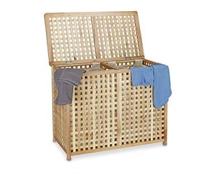 Relaxdays Double Laundry Hamper Laundry Basket 2 Part Laundry Bin 46.1 x 87.9 x 68.1 cm Laundry Sorter Double Laundry Box with 2 Linen Sacks Bags, Natural