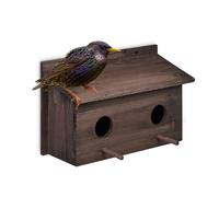 Relaxdays Nesting Box for Starlings, Natural Fir Wood, 2 Entrances Ø5 cm, Perch, Bird House to Hang, 22x35x18cm, Brown