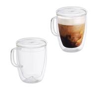 Relaxdays Drinking, Set of 2, 500 ml, Double-Walled with Handle & Lid, Borosilicate Glass, Transparent