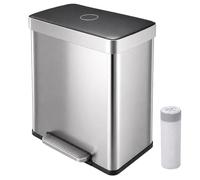 Relaxdays double waste bin, iron, foot pedal, soft-close, silver | Kitchen waste sorting bin, 2 x 30 litres, H x W x D: 60.5 x 35.7 x 58.2 cm