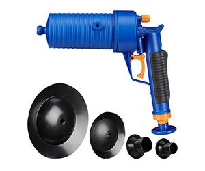 Relaxdays Drain Cleaner, Compressed Air Pipe Unblocker, Bathroom & Kitchen, 4 Attachments, Without Chemicals, Blue