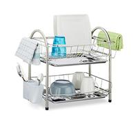 Relaxdays Drainer with 2 Tiers, Cutlery Holder, Dish Rack, Drip Tray, Stainless Steel, HxWxD: 39.5 x 60 x 22 cm, Silver, Stainless_Steel, 28 x 60 x 39 cm