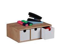 Relaxdays Box, 3 Drawers, H x W x D: 9 x 26 x 18 cm, Desk Organiser, Bamboo & MDF, Natural/White