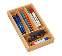 Relaxdays Drawer Organiser, Bamboo, Insert, 4 Compartments, Office, Kitchen Cutlery Store, HxWxD 4 x 16 x 28cm, Natural, 4 x 28 x 16 cm