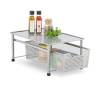 Relaxdays Drawer Shelf, Stackable Organiser, Metal, Kitchen, Bathroom, Pull-out Basket, HWD: 19 x 28 x 42.5 cm, Silver, 90% steel 10% plastic