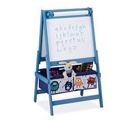 Relaxdays Drawing Board for Children, 2 in 1, with Paper Roll & Storage Baskets, HWD: 94 x 52 x 46.5 cm, Monsters, Blue, Fibreboard