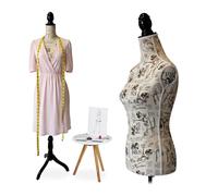 Relaxdays dress form, female, size 36/38, height adjustable 165-175 cm, wooden stand, city design, cream/black