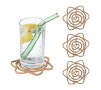 Relaxdays Drink Coasters, Set of 4, Palm Leaf, for Glasses & Cups, Boho Design, Bar Pads, WxD: 10 x 10 cm, Natural, Plant fibre