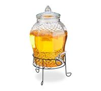 Relaxdays Drink Dispenser, 8L, with Stand, Beverage Container, Party Accessory, Tap and Lid, Glass, Transparent, 20 x 31.5 x 30 cm