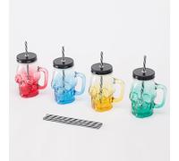 Relaxdays Drinking Glasses with Handle, Screw lid & Straw, Set of 4, 500 ml, Skull, Colourful