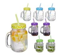 Relaxdays Drinking Jars Set of 8, Dishwasher Safe Including Lids and Straws, 400ml Each, Vintage Glasses, Transparent, 19 x 11 x 8 cm