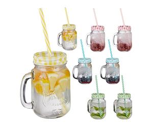 Relaxdays Drinking Mason Jam Jars with Reusable Straws and Handles, Set of 8, 400 ml, Colourful Iced Beverages Glass Set