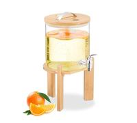 Relaxdays Drinks Dispenser, 5 Litres, Cold & Hot Beverages, Bamboo Stand, Thermometer, Glass Punch Jar, Clear/Natural