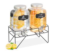 Relaxdays Drinks Dispenser with Stand, 2 Jars, 4 Litres each, with Tap, Water Pitcher, Beverage Container, Transparent