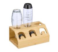 Relaxdays Drying Rack for 3 Bottles, Holder Compatable with Sodastream, Bamboo, Stand with Drip Tray, Natural