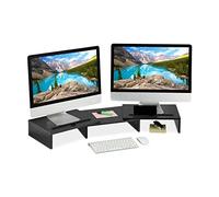 Relaxdays Dual Monitor Stand, Adjustable, Ergonomic, Screen Viewing Elevation for the Desk, Space Organiser, Black, Fibreboard, 10.5 x 74 x 27 cm