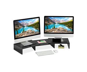 Relaxdays Dual Monitor Stand, Adjustable, Ergonomic, Screen Viewing Elevation for the Desk, Space Organiser, Black, Fibreboard, 10.5 x 74 x 27 cm