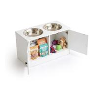 Relaxdays Elevated Dog Feeder, 2 bowls, storage cupboard, HxWxD: 35.5 x 60 x 30 cm, MDF, stainless steel, white