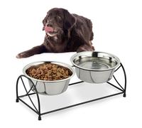 Relaxdays Elevated Feeding Stand, Dog Bowls, 400 ml Volume, Iron & Stainless Steel, 15.5 x 42.5 x 19.5 cm, Black/Silver