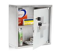 Relaxdays EMERGENCY L Medicine Cabinet, 30 x 30 x 12 cm, 2 Shelves and Locking Door, Stainless Steel and Glass, Silver