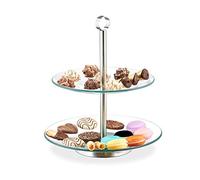 Relaxdays Étagère, 2-Tier Round, Serving Stand, Glass, Stainless Steel, Silver/Clear, Afternoon Tea, Cupcakes & Snacks