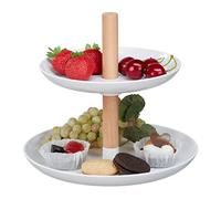 Relaxdays Etagere, 2 Tiers, Plastic & Wood, Round Serving Stand, HxD 19x21 cm, Cupcake Stand, Modern, White/Natural