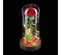 Relaxdays Eternal Rose with Fairy Lights, Gift, Glass Dome, Wooden Base, Beauty and The Beast, Artificial Flower, Red, 22 x 11 x 11 cm