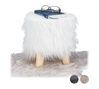 Relaxdays Faux Fur Stool, Fluffy, 4 Wooden Legs, Padded Footstool, Round, Decorative Stand HxD: 31x31 cm, White, Fibreboard
