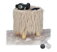 Relaxdays Faux Fur Stool, Fluffy, 4 Wooden Legs, Padded Footstool, Round, Decorative Stand HxD: 31x31 cm, Brown, Fibreboard, Size