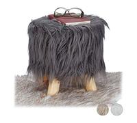 Relaxdays Faux Fur Stool, Fluffy, 4 Wooden Legs, Padded Footstool, Round, Decorative Stand HxD: 31x31 cm, Grey, Fibreboard, Size