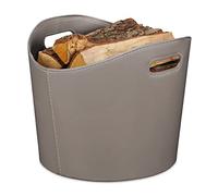 Relaxdays Faux Leather Basket, Sturdy Firewood Container with Handles, Also for Laundry, Toys, etc, 32 x 38 cm, Grey