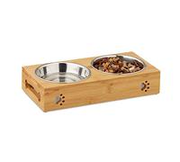 Relaxdays Feeding Station for Small Dogs, 2 Bowls, 300 ml, Raised, Bamboo, Stainless, HWD: 6.5x31.5x15 cm, Natural/Silve, Stainless Steel, 1 Item