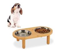 Relaxdays Feeding Station for Small Dogs, 2 Bowls, 300 ml, Raised, Bamboo, Stainless, HWD: 9.5x34.5x18cm, Natural/Silver, 9.5 x 34.5 x 18 cm