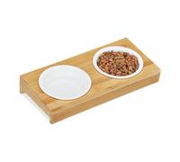 Relaxdays Pet Feeding Station, 2x Dog Bowls, Cat, Small Animals, Wood Stand, Ceramic Bowls, each 200 ml, Natural/White