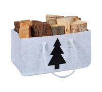 Relaxdays Felt Firewood Bag, 28l Vol., Storage Basket for Logs, Blankets, etc., Fir Tree Motif, 25x50x25cm, Grey/Black