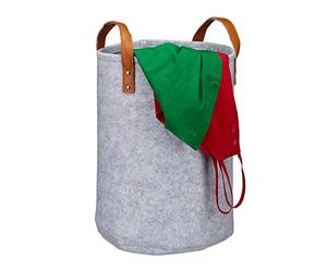 Relaxdays Felt Laundry Hamper, PU-Leather Handles, 28 L Storage Basket, Bathroom, HxD 45x30 cm, Grey