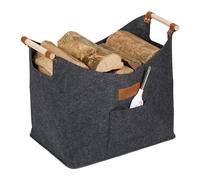 Relaxdays Felt Log Basket, 50L, with Carrying Handles, HxWxD: 40x51x32 cm, Storage for Firewood, Kindling Holder, Grey, Plastic, Wood