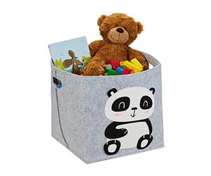 Relaxdays Felt Storage Basket, Animal Motif, Children, Foldable, HxWxD: 33 x 34 x 32 cm, Toys, Panda Print, Grey, 33x34x32 cm