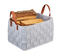 Relaxdays Felt Storage, Foldable Firewood Bag, Basket with Faux Leather Handles, HWD: 26 x 40 x 30 cm, Light Grey