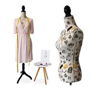 Relaxdays female dress form, size 36/38, height adjustable 165-175 cm, wooden stand, London motif, cream/black